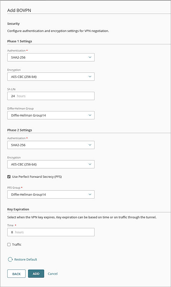 Screenshot of WGC, WGC phase 1 and phase 2 settings